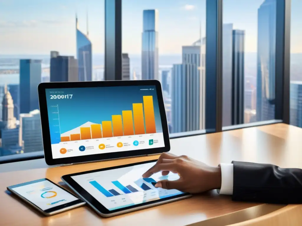 Oficina moderna: estrategias financieras y tecnología Oficina moderna con computadora, informes financieros, gráficos en tableta