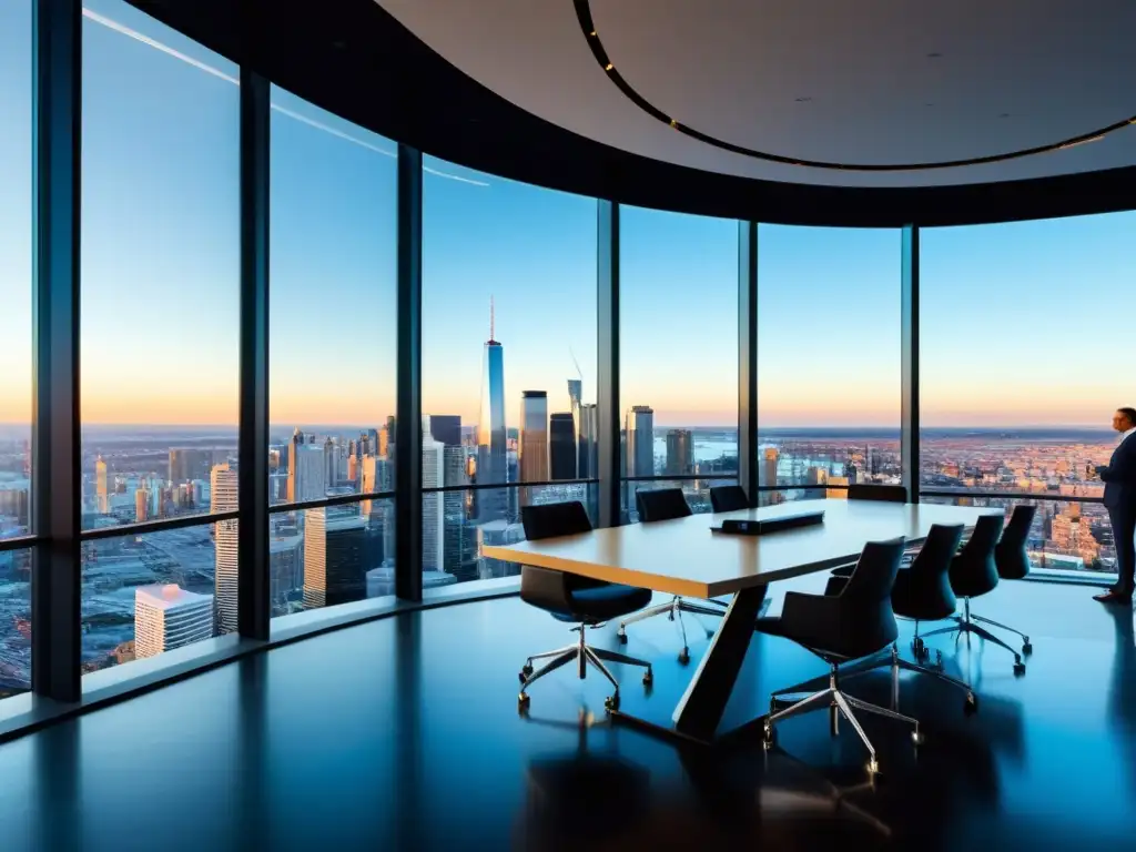 Oficina moderna y sofisticada con vista panorámica Oficina moderna con consultoría fiscal normativa internacional y tecnología de vanguardia, iluminada por luz natural