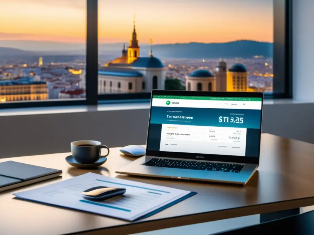 Oficina moderna en España: Impuestos y Criptomonedas Oficina moderna con documentos de criptomonedas y skyline urbano, reflejando el tratamiento tributario de criptomonedas en España