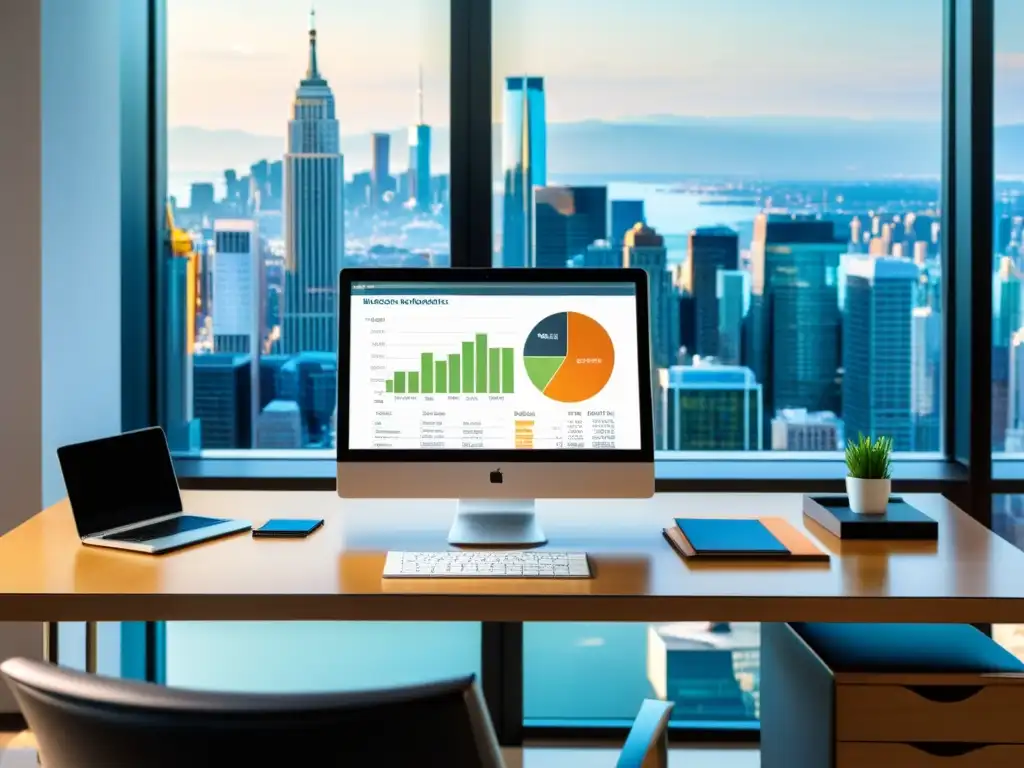Oficina moderna con documentos legales y financieros Oficina moderna con documentos legales y financieros, laptop con gráficos financieros y vista a la ciudad