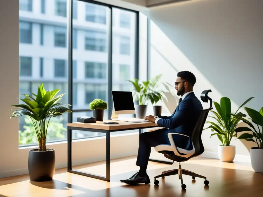Oficina moderna para teletrabajo: ambiente profesional y eficiente Oficina moderna con escritorio elegante, computadora de alta gama, silla ergonómica y luz natural