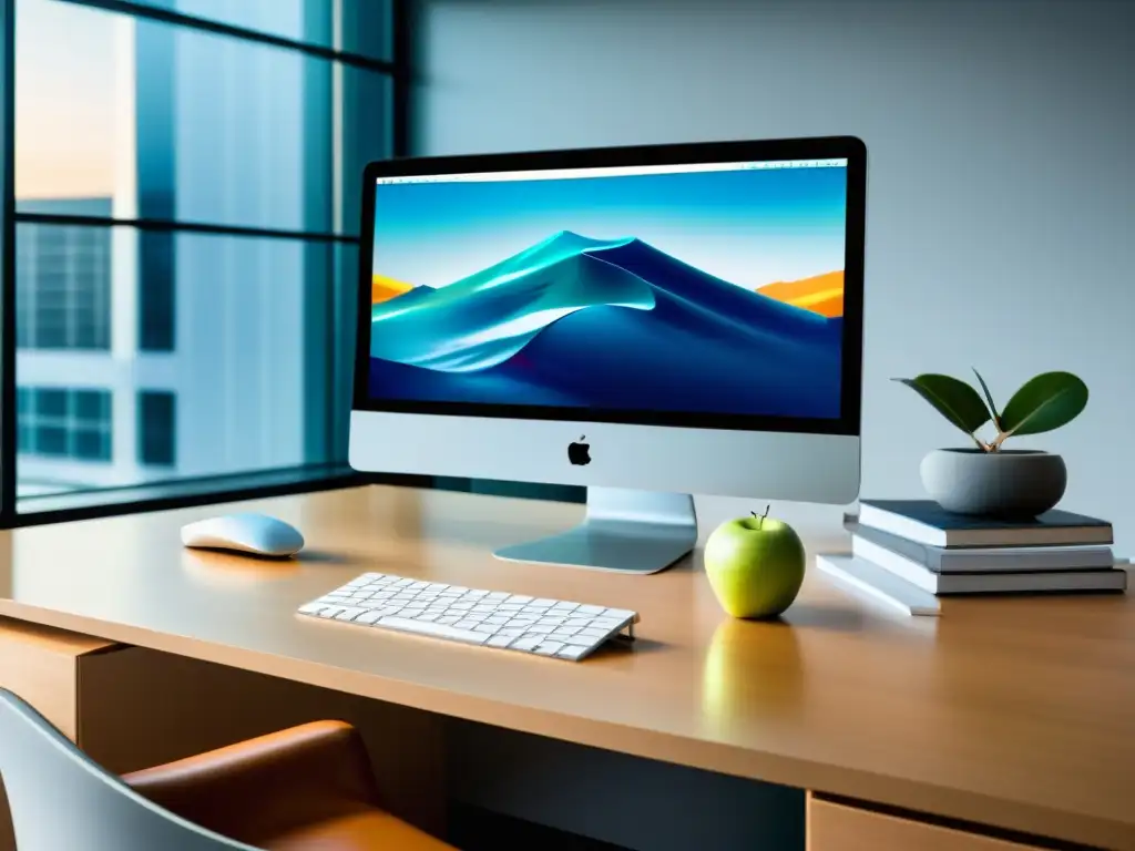 Oficina moderna: eficiencia financiera con estilo Oficina moderna con escritorio minimalista, iMac, informes financieros y manzana, simbolizando optimización y repatriación de capital