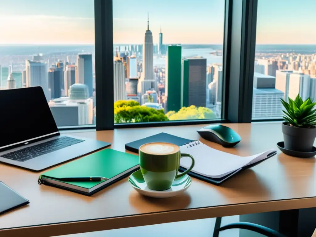 Oficina moderna con vistas a la ciudad: serenidad profesional Oficina moderna con escritorio organizado, computadora, café y vistas a la ciudad