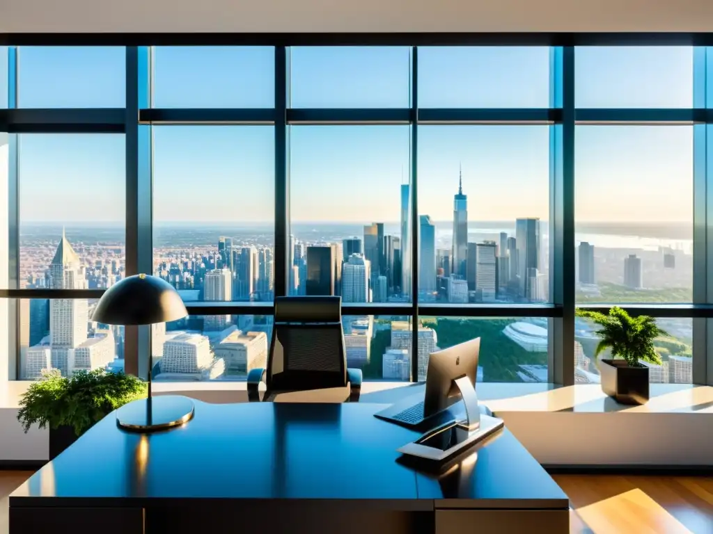 Escritorio moderno con vistas a la ciudad Oficina moderna con escritorio organizado, vista a la ciudad