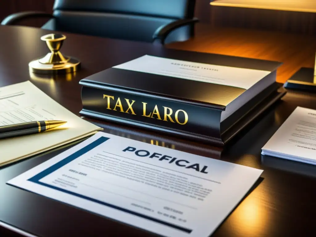 Escritorio de oficina con documentos financieros y legales Oficina moderna con estrategias legales para minimizar carga tributaria