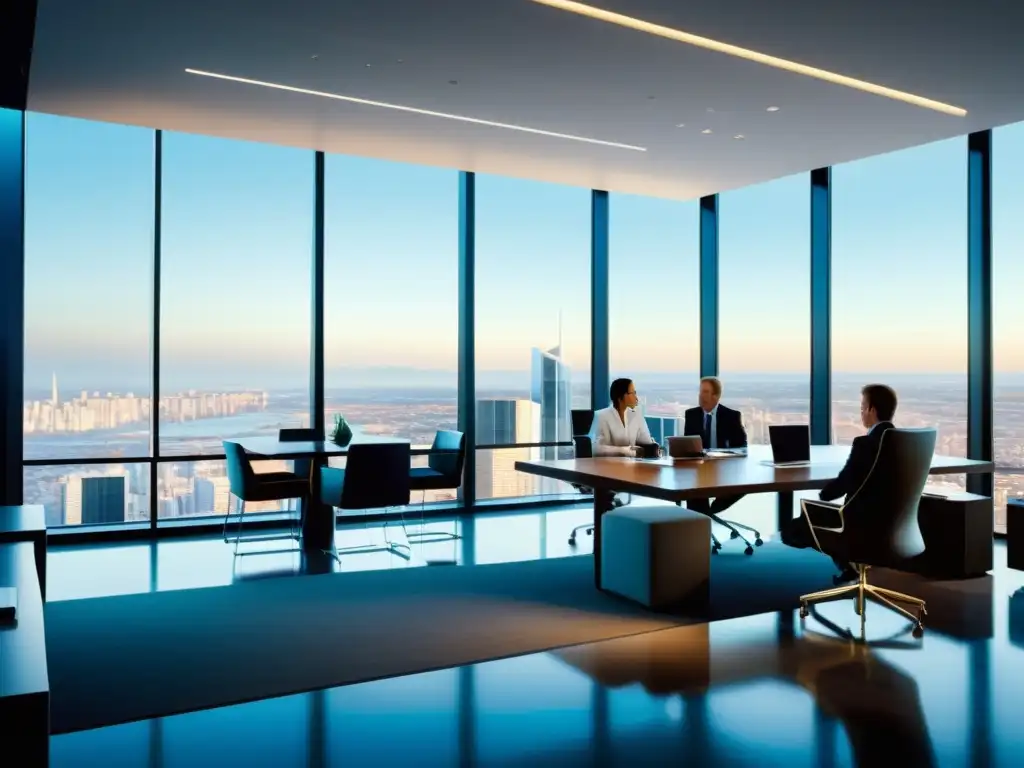 Oficina moderna con vista a la ciudad: estrategias financieras Una oficina moderna con grandes ventanales y una vista a la ciudad
