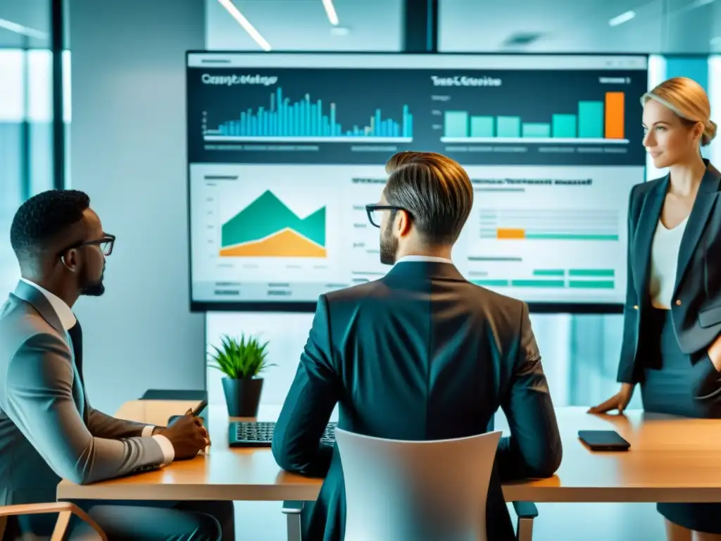 Oficina moderna con software de gestión de impuestos Oficina moderna con herramientas de gestión tributaria para auditorías internas, eficiencia y productividad en colaboración profesional
