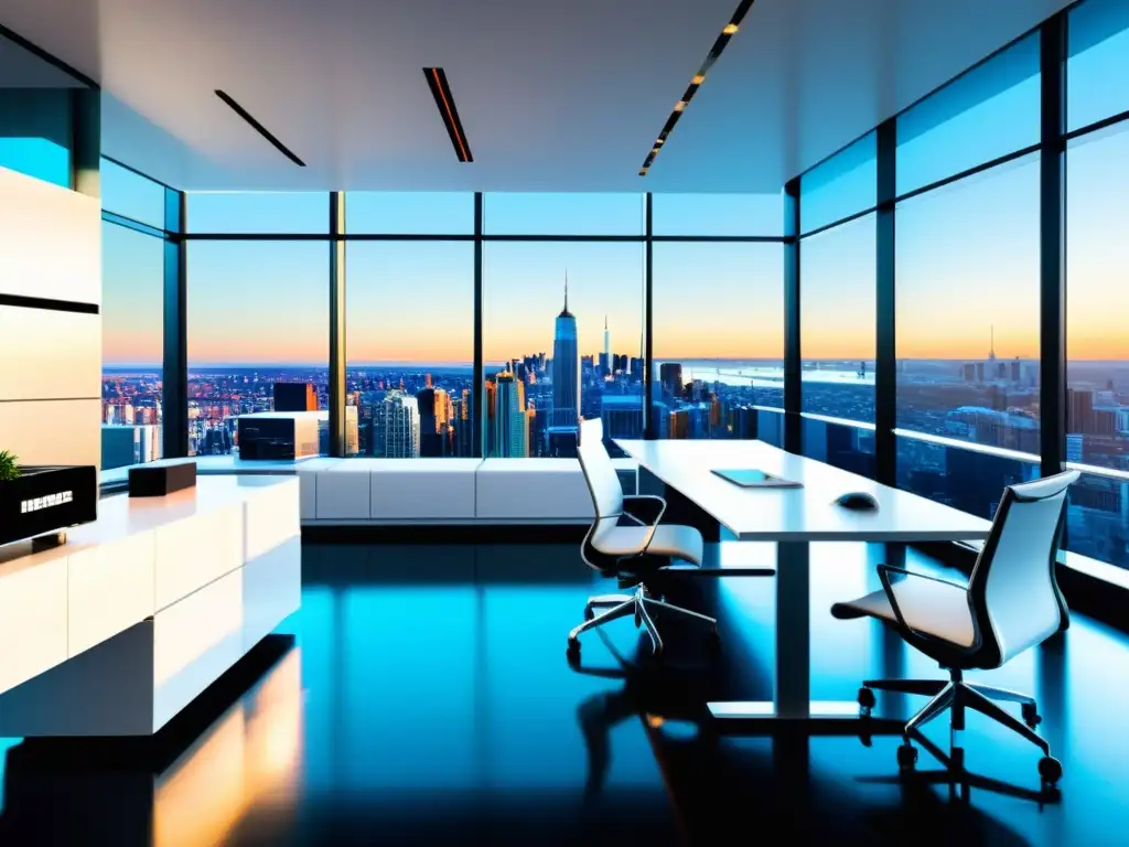 Oficina moderna con vistas a la ciudad y revistas fiscales Oficina moderna con importancia de las columnas fiscales en la decoración y vista a la ciudad desde ventanales