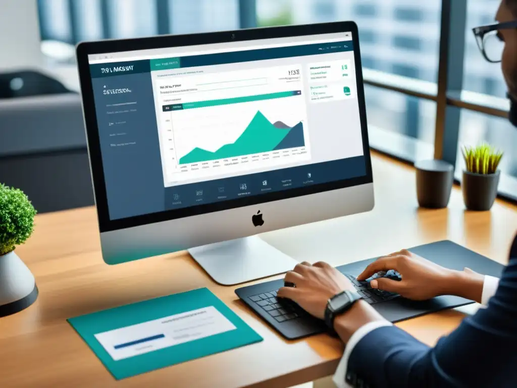 Software de gestión tributaria digital: integración profesional Una oficina moderna con una interfaz digital dinámica de gestión tributaria en pantalla