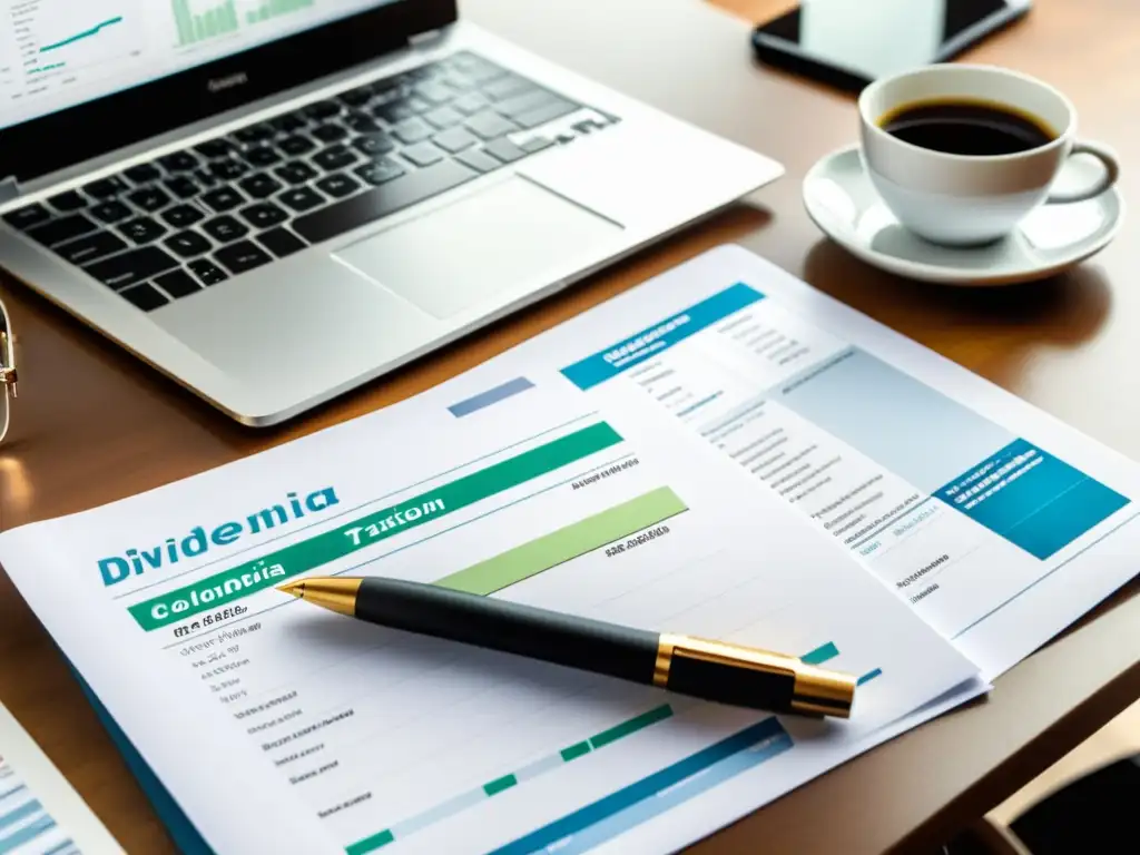 Escritorio profesional para tratar impuestos en Colombia Oficina moderna con laptop, documentos financieros y café, reflejando el tratamiento fiscal de dividendos en Colombia