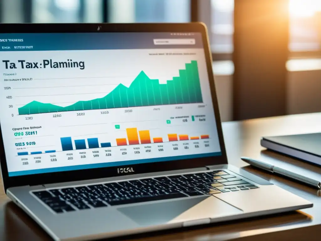 Oficina moderna con publicaciones especializadas en estrategias fiscales Oficina moderna con laptop, informes financieros y publicaciones especializadas en estrategia fiscal para empresas