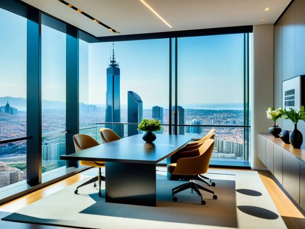 Oficina de lujo con vista a la ciudad para asesoría fiscal en España Oficina moderna de lujo con vista a la ciudad, mobiliario minimalista y arte sofisticado