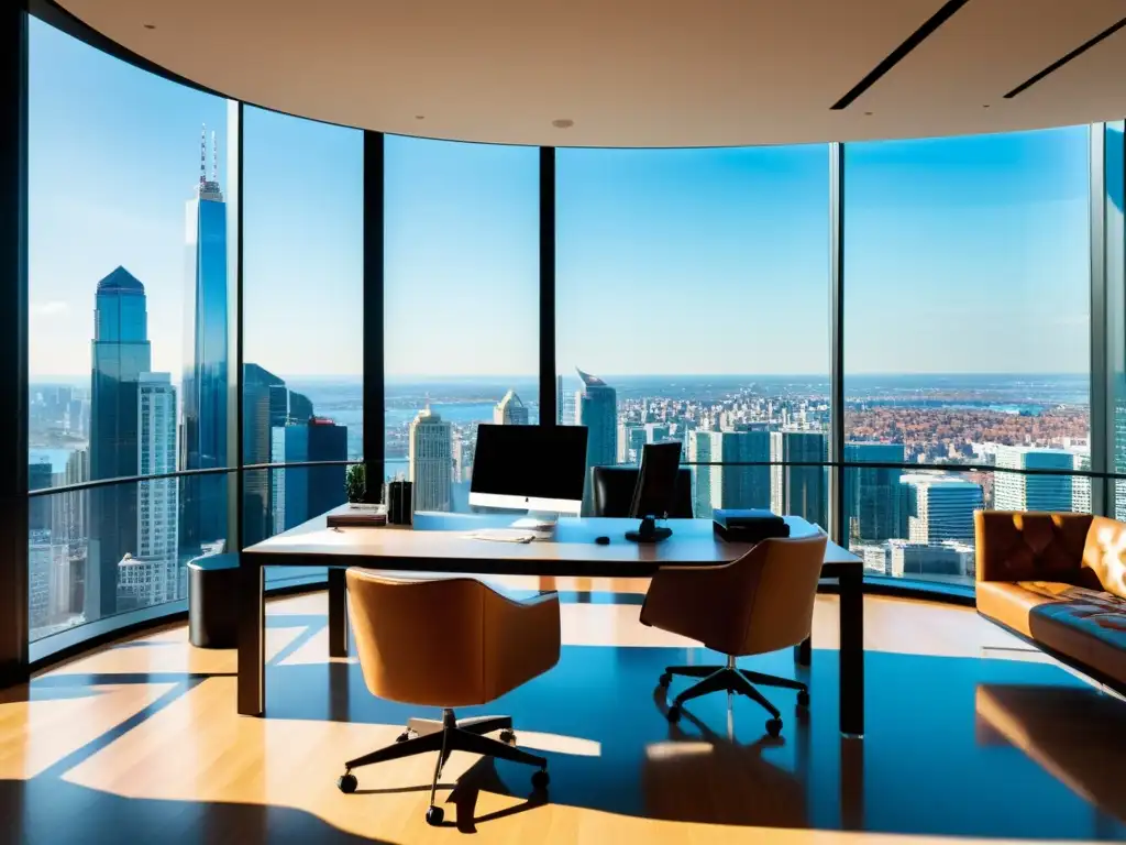 Oficina moderna con vista panorámica: ambiente profesional y elegante Oficina moderna y lujosa con vista a la ciudad para la planificación fiscal de patrimonios exorbitantes