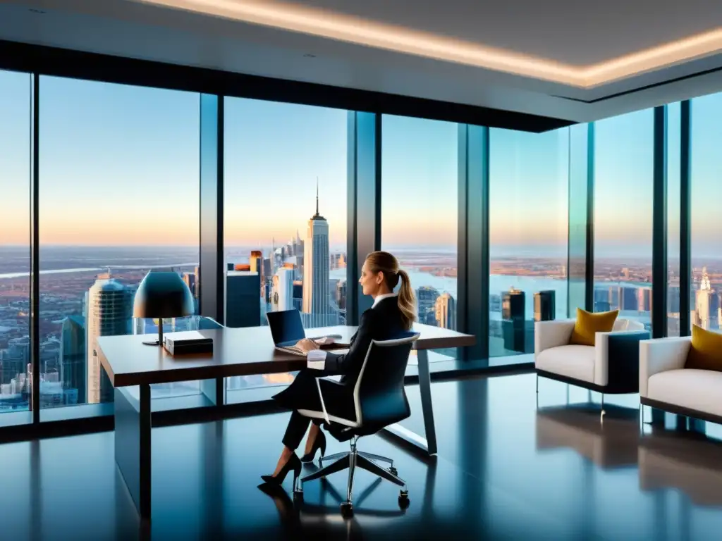 Oficina moderna con vista a la ciudad y profesional enfocado Oficina moderna y lujosa con vista a la ciudad