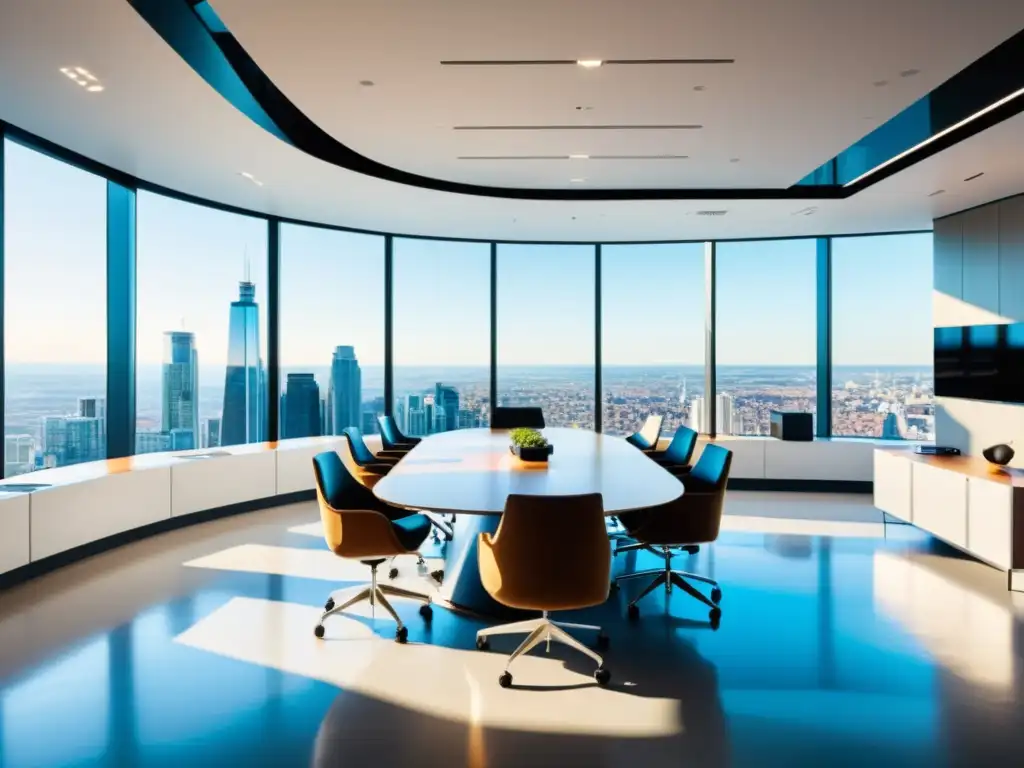 Oficina moderna con vista panorámica y reunión productiva Oficina moderna y luminosa con profesionales en reunión estratégica alrededor de una mesa futurista