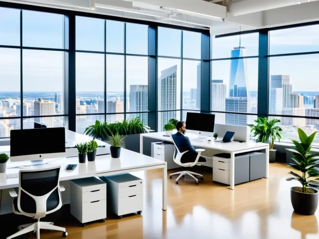 Oficina moderna y colaborativa en Bogotá Oficina moderna con luz natural, plantas y empleados trabajando, reflejando el ambiente ideal para el teletrabajo en empresas en Colombia