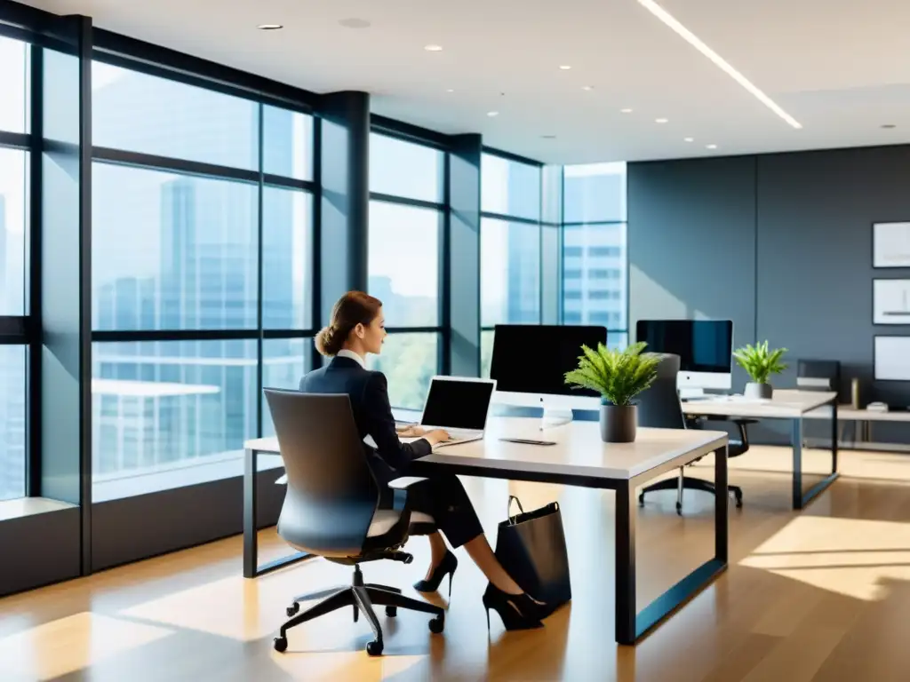 Oficina moderna: Mujer profesional trabajando de forma remota Una oficina moderna con luz natural y una mujer trabajando remotamente