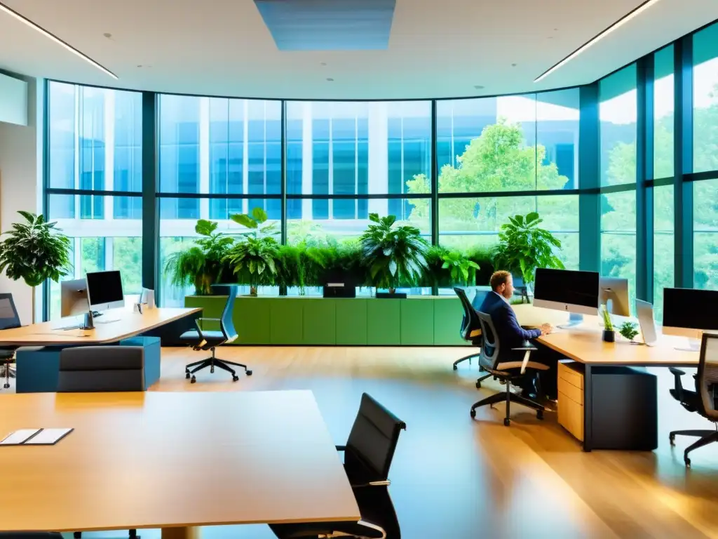 Oficina moderna: equipo profesional, eficiencia y colaboración Oficina moderna con profesionales trabajando en un entorno ergonómico y abundante luz natural