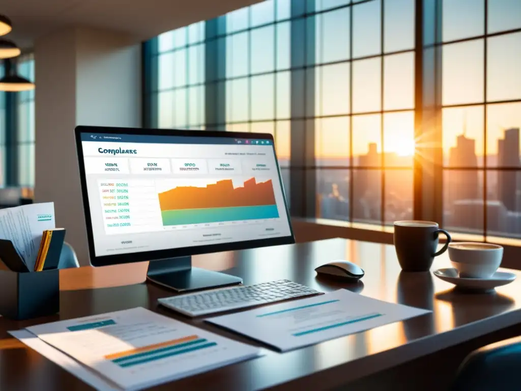 Oficina moderna: software de cumplimiento fiscal en acción Oficina moderna con programas de compliance tributario en pantalla, documentos financieros y café, transmitiendo eficiencia y profesionalismo