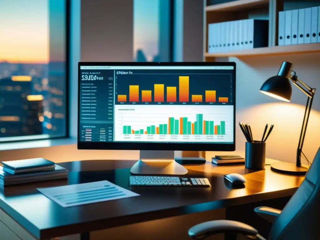 Oficina moderna: software fiscal y papeleo Oficina moderna con software de actualizaciones fiscales, papeleo organizado, gráficos y luz natural