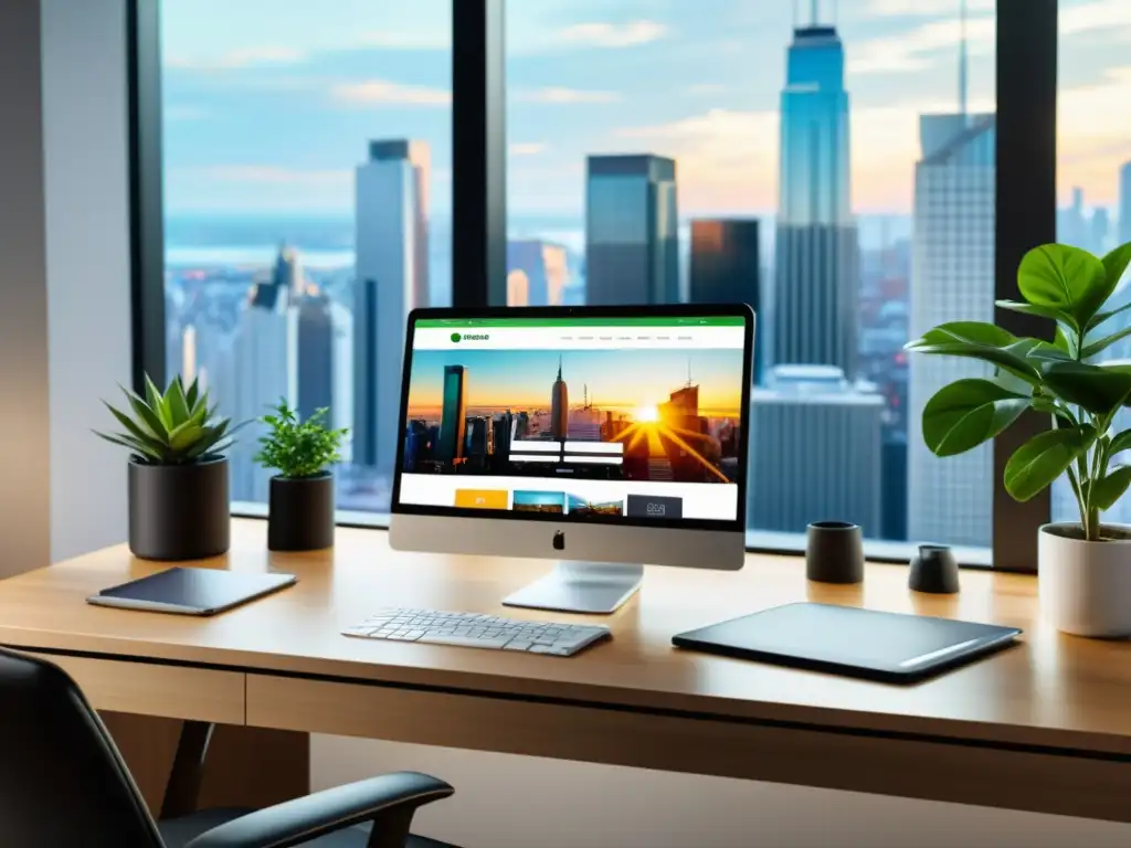 Oficina moderna con vista a la ciudad y tecnología de gestión de impuestos Oficina moderna con software gestión tributaria en laptop, smartphone y tablet, iluminada por luz natural y vista a la ciudad