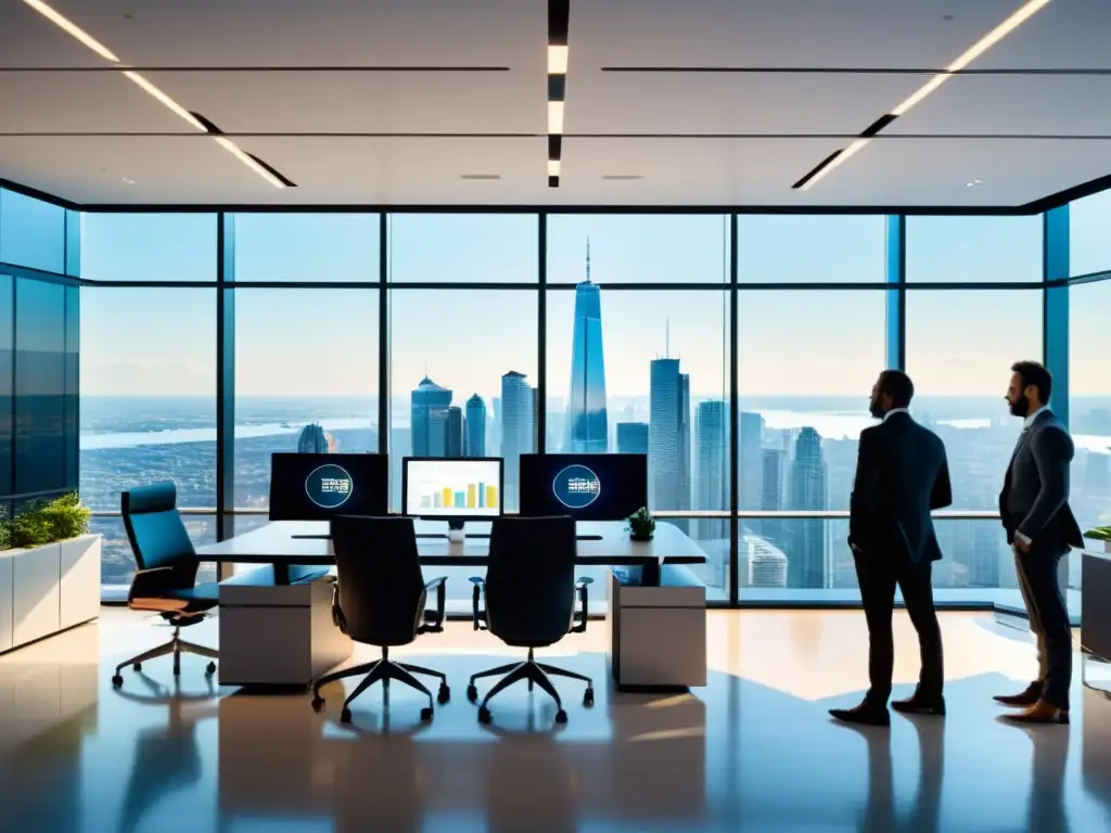 Oficina moderna con tecnología de vanguardia y equipo profesional Oficina moderna con software gestión tributaria para decisiones, equipo colaborativo y vista panorámica de la ciudad