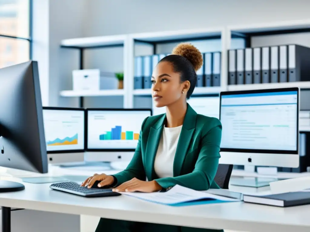Oficina moderna con dueño de negocio y software de gestión fiscal Una oficina moderna con software de gestión tributaria para PYMES, empresario enfocado rodeado de papeleo, ambiente limpio y luminoso
