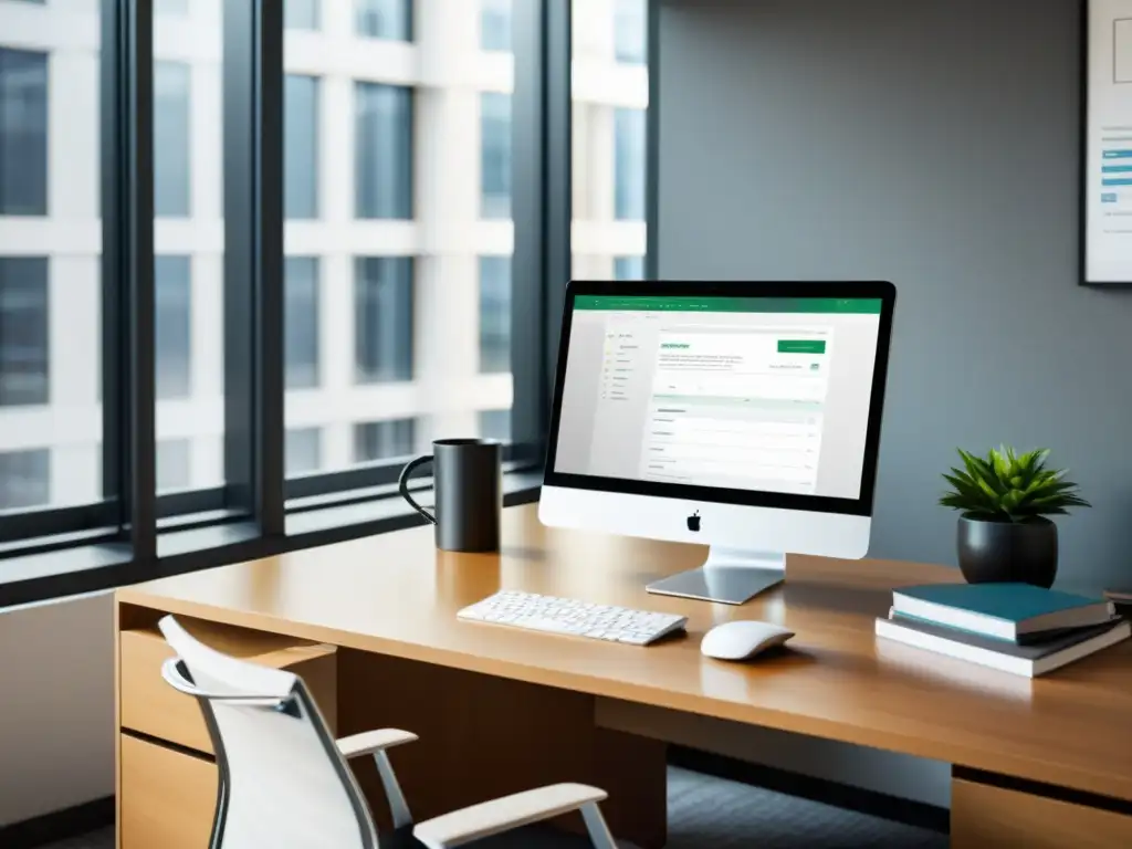 Oficina moderna con software de gestión fiscal Una oficina moderna con software de gestión tributaria para PYMES, orden y café, iluminada por luz natural
