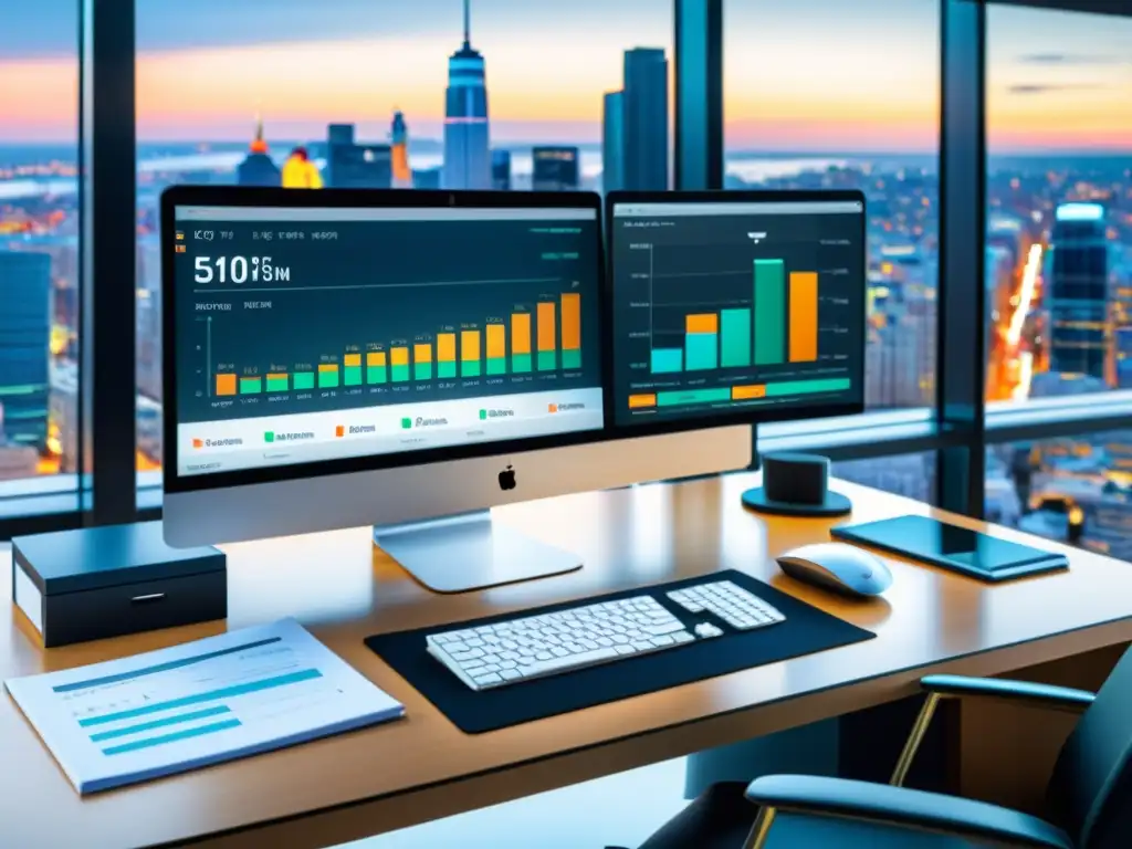 Software de gestión de impuestos: eficiencia en la oficina moderna Oficina moderna con software de gestión tributaria eficiente en la pantalla, simbolizando productividad y modernidad en un entorno profesional