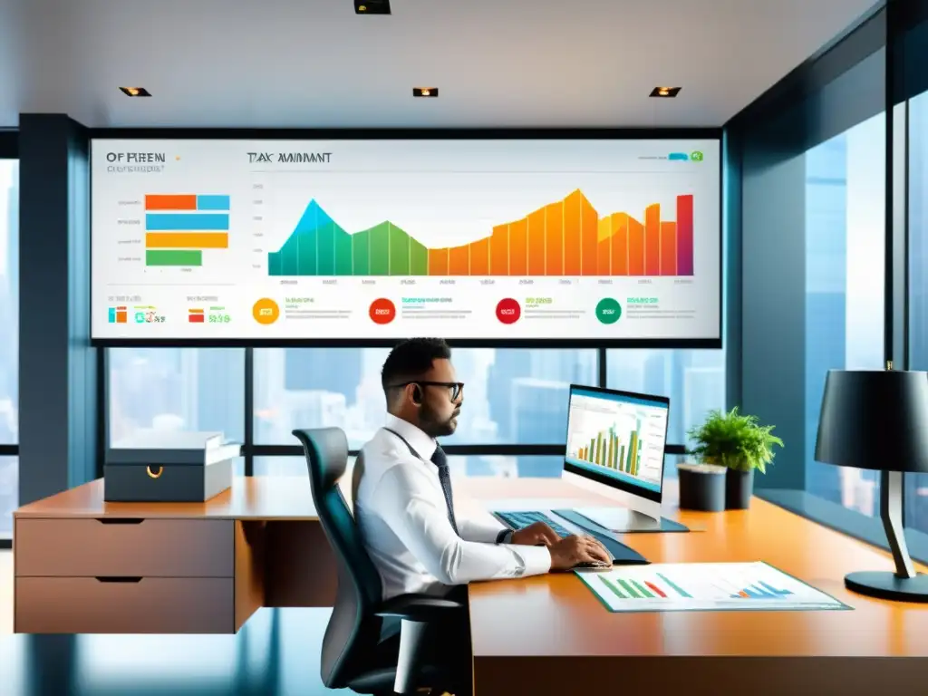 Software de gestión de impuestos: análisis dinámico y profesional Oficina moderna con software de gestión tributaria eficiente, gráficos financieros coloridos y contador concentrado