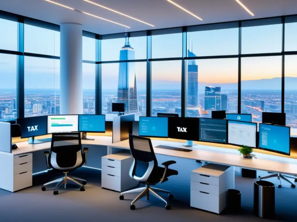 Oficina futurista con software de gestión fiscal personalizado Oficina moderna con software de gestión tributaria personalizado en monitores