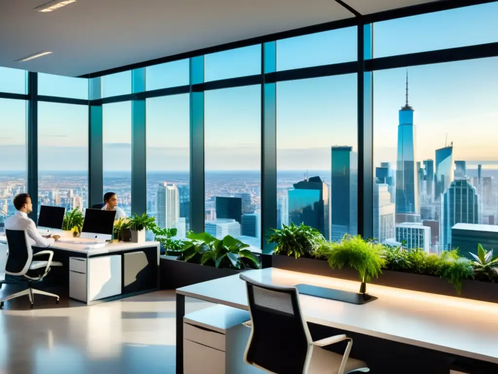 Oficina moderna con vista panorámica de la ciudad en Colombia Oficina moderna con teletrabajo eficiente y adaptabilidad en Colombia, destacando implicaciones fiscales para empresas