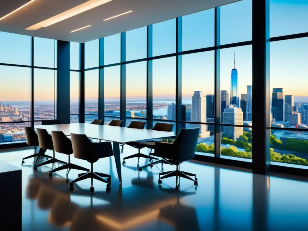 Oficina moderna y sofisticada para la gestión de patrimonio Oficina moderna con vista a la ciudad y tecnología de vanguardia