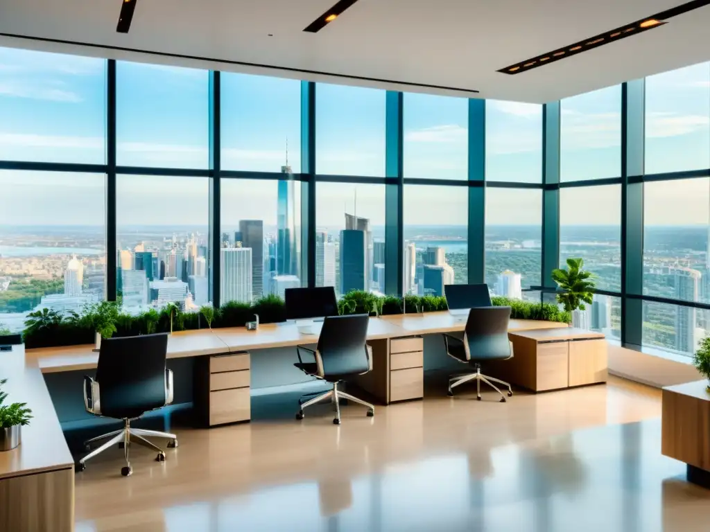 Oficina moderna con vista panorámica: elegancia y tecnología Oficina moderna con vista a la ciudad, mobiliario minimalista y abundante vegetación