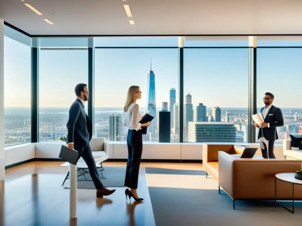 Oficina moderna con expertos en optimización fiscal Oficina moderna con vista a la ciudad, mobiliario contemporáneo y profesionales discutiendo sobre planificación fiscal para expatriados