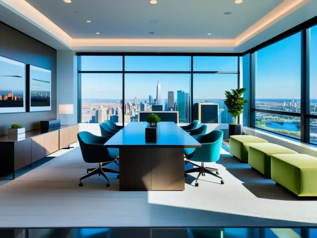 Oficina moderna y elegante con vista a la ciudad Oficina moderna con vista a la ciudad, muebles elegantes y arte contemporáneo