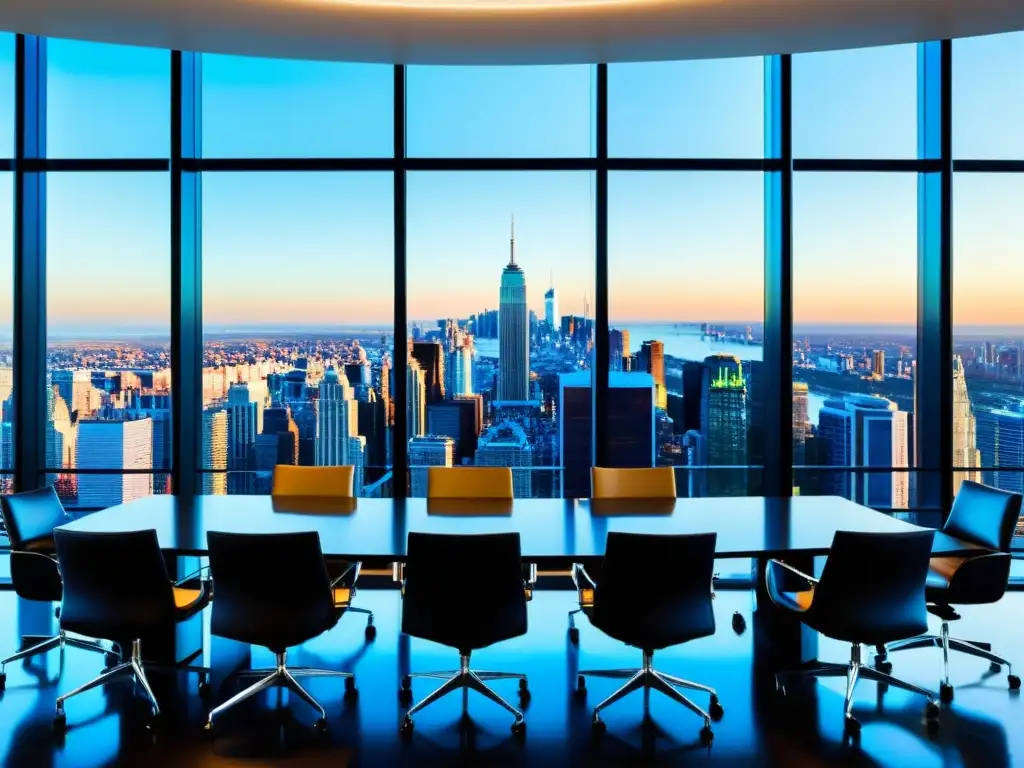Sala de juntas de lujo con vista a la ciudad Oficina moderna con vista a la ciudad, mesa de conferencias elegante y documentos financieros