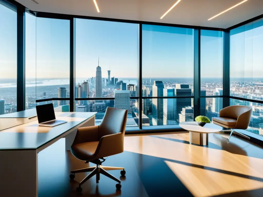 Oficina moderna con vista panorámica de la ciudad Oficina moderna con vista panorámica a la ciudad, mobiliario contemporáneo y luz natural