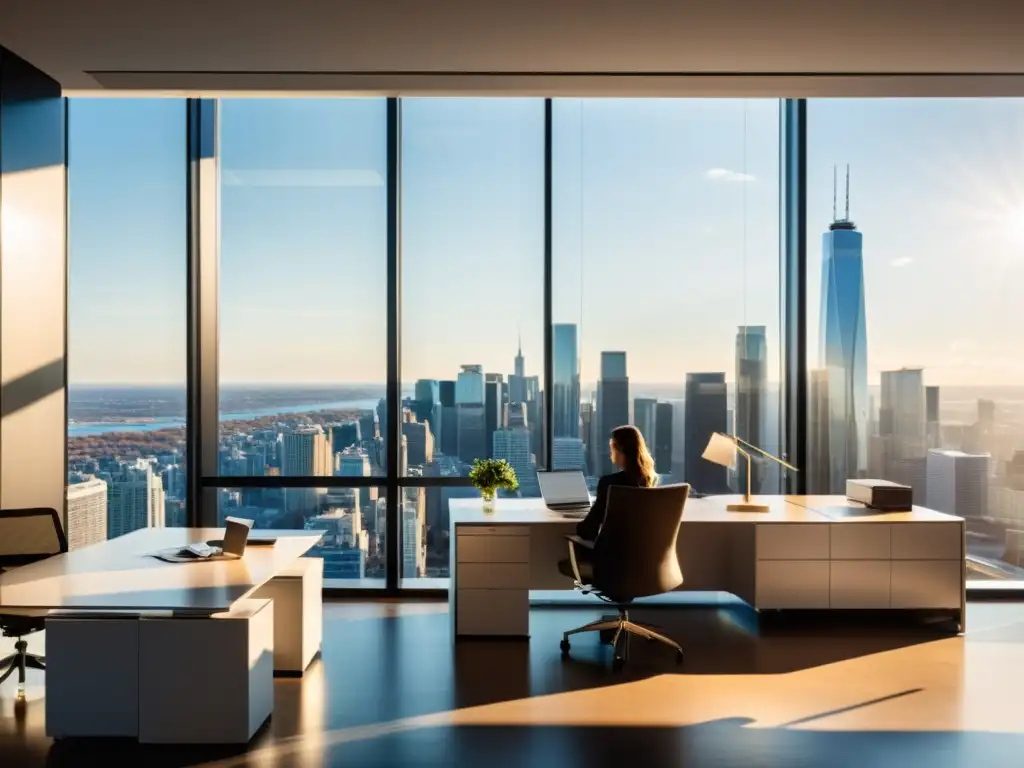 Oficina moderna con vista panorámica y profesional en acción Oficina moderna con vista panorámica a la ciudad