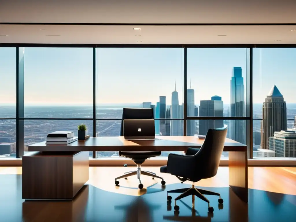 Oficina ejecutiva con vista panorámica: planificación fiscal de lujo Oficina moderna con vista panorámica de la ciudad, escritorio de madera, silla elegante, documentos de planificación fiscal y luz natural