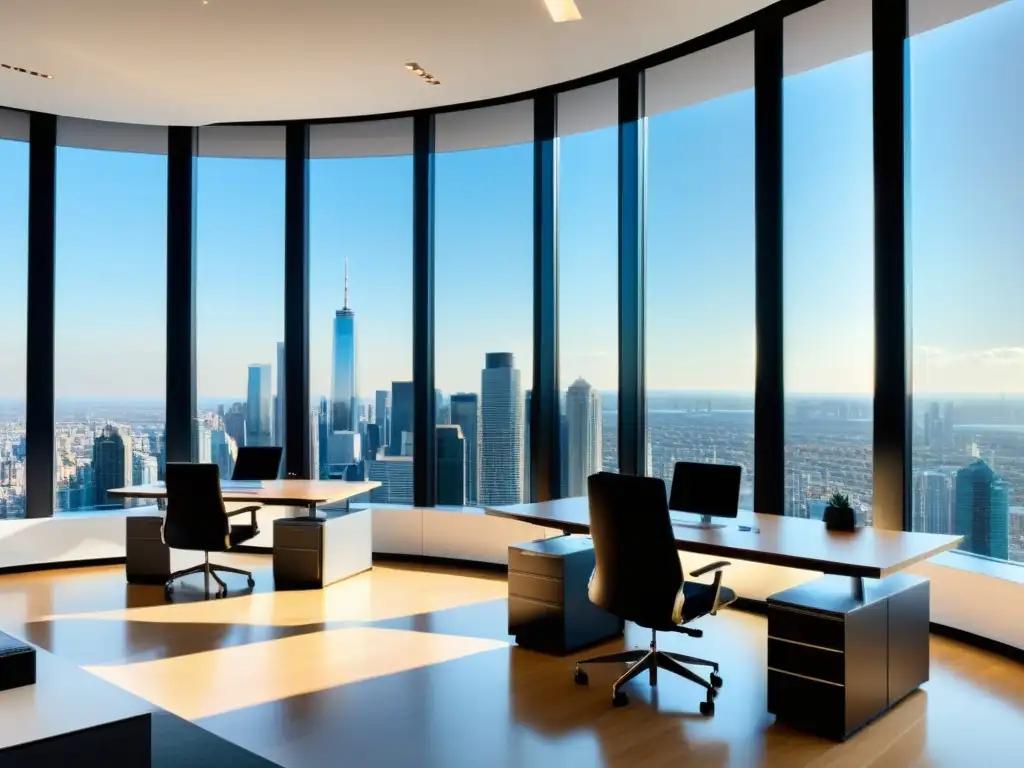 Oficina moderna y panorámica: diseño minimalista con vista a la ciudad Oficina moderna con vista panorámica a la ciudad, mobiliario contemporáneo y alta tecnología