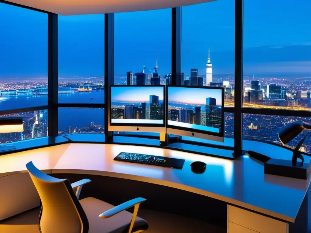 Oficina moderna con vista panorámica de la ciudad al anochecer Oficina moderna con vista panorámica de la ciudad al atardecer, escritorio ordenado con monitor de gestión tributaria confidencialidad