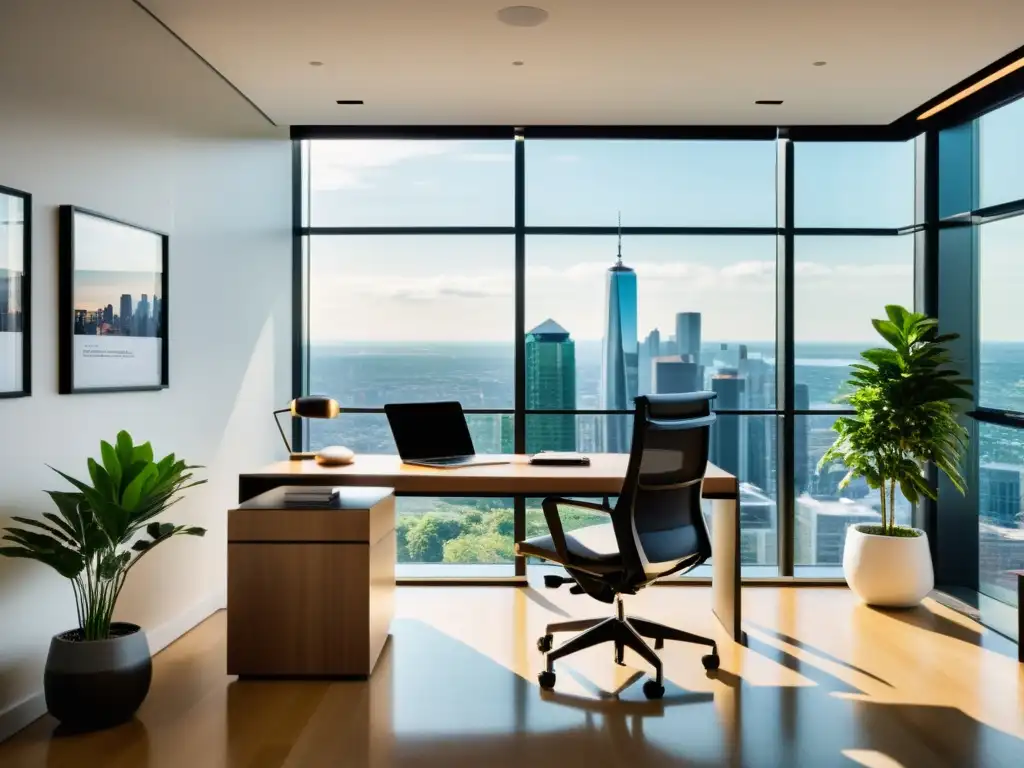 Oficina moderna con vista panorámica: espacio profesional y acogedor Oficina moderna con vista panorámica de la ciudad, ideal para profesionales freelance 360