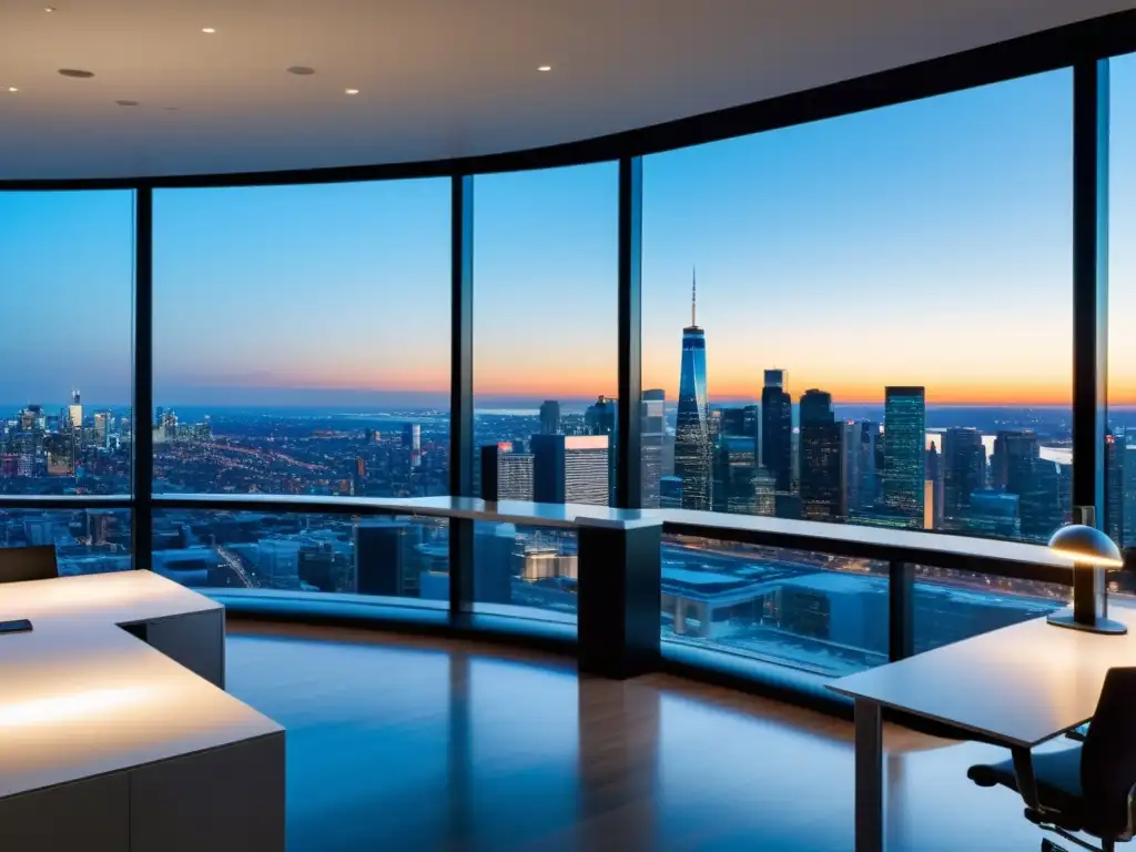 Oficina moderna: innovación y transparencia en la ciudad Oficina moderna con vistas a la ciudad, reflejando la importancia de reportes fiscales transparentes