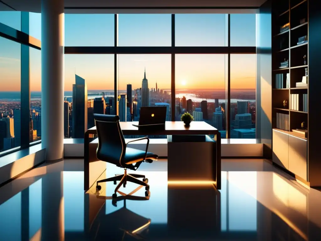 Escritorio ejecutivo con vista panorámica a la ciudad y elementos de lujo Oficina moderna con vistas panorámicas a la ciudad, laptop, informes financieros y llaves de coche
