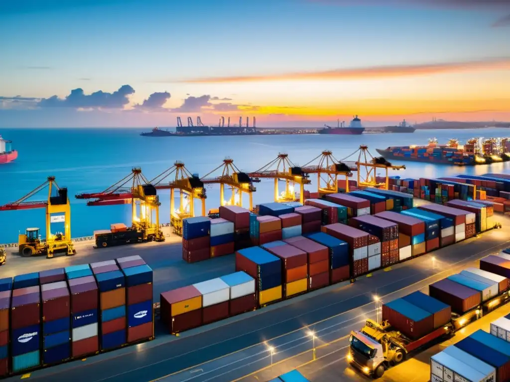 Operaciones portuarias en México: logística global en acción Operaciones de carga y descarga en un bullicioso puerto mexicano, destacando la fiscalidad del comercio exterior y los INCOTERMS