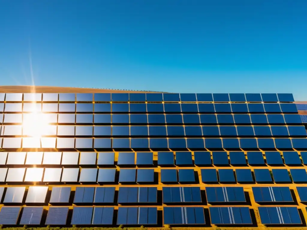 Solar farm 8k: Energía eficiente bajo el sol Un paisaje asombroso de una gran granja solar, con paneles brillantes bajo el sol y cielo azul