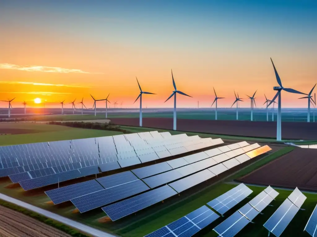 Horizonte energético: unión solar y eólica al atardecer Un paisaje futurista de energía renovable con paneles solares y molinos de viento, iluminado por una puesta de sol vibrante