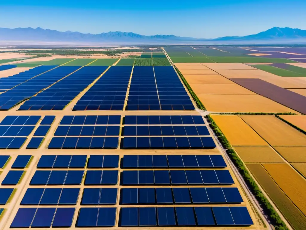 Granja solar en México: belleza tecnológica y natural Un paisaje impresionante de un campo solar en México con paneles brillantes bajo un cielo azul