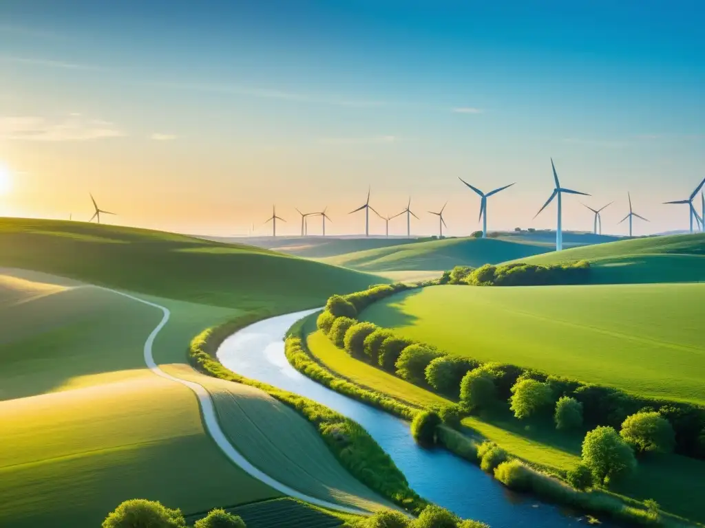 Energía renovable: paisaje sereno con molinos de viento Un paisaje sereno y verde con colinas onduladas, turbinas eólicas en la distancia y un cielo azul claro